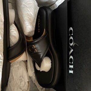 Coach Black Leather Slides with Gold Detail